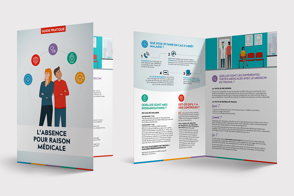 Communication interne des bonnes pratiques concernant les absences pour raison médicale des collaborateurs de Bois & Matériaux sous frome de dépliant (leaflet).