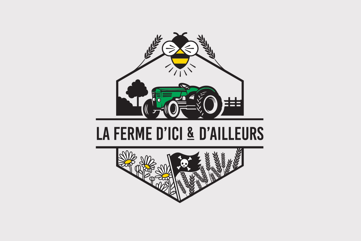 Réalisation du logo de la ferme en signifiant le maraichage, la production de fleurs, la frabrication de pain, la production de produits de la ruche et leur côté rebelle et non conventionnel.
