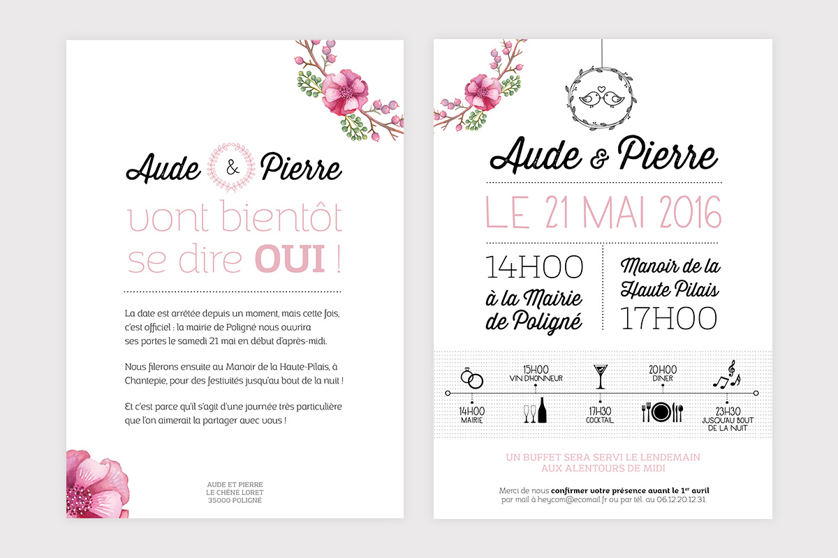 L'inspensable faire-part de mariage avec toite sles informations nécessaires pour les invités.