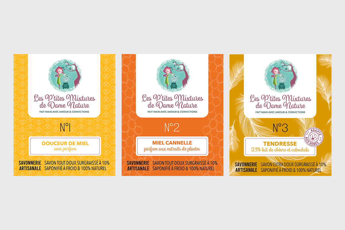 PTITES-MIXTURES-etiquettes-1-2-3 Packaging du savon n°1 et n°2 des p'tites mixtures