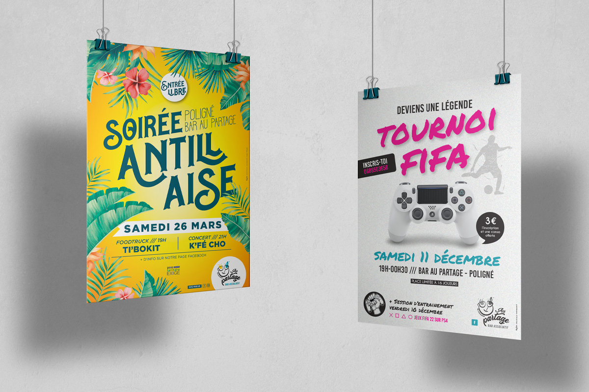 AU-PARTAGE-affiches affiche sur le programme d'un weekend au bar associatif